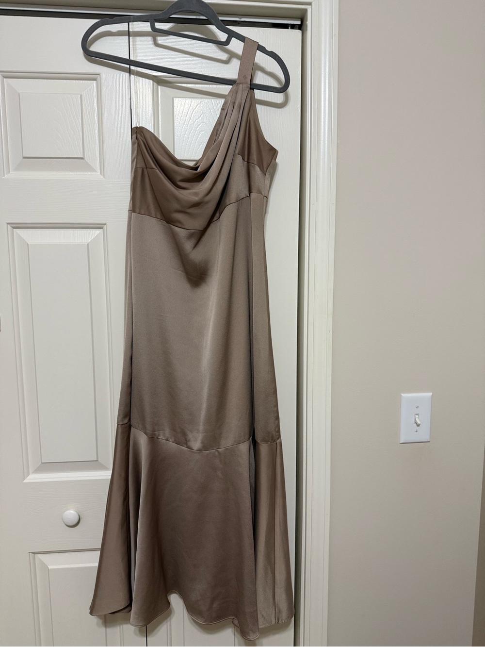 Taylor One-Shoulder Taupe Satin Gown